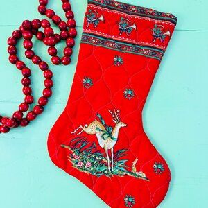 Vintage Christmas Stocking Quilted Reindeer Xmas Stocking Woodland Animals